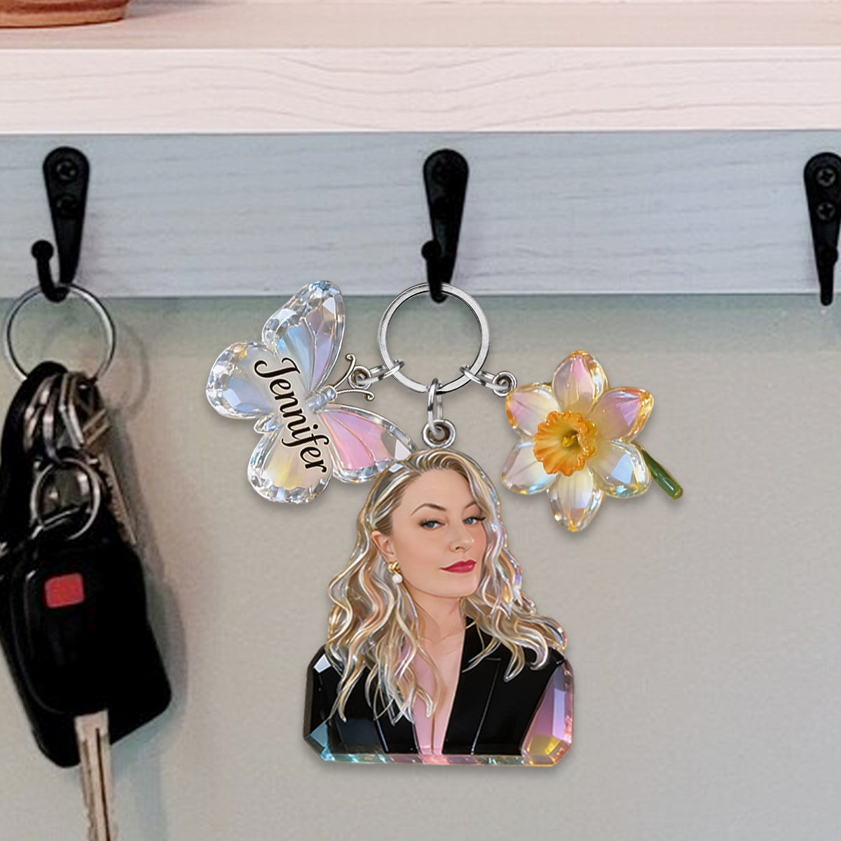 Personalized Black Woman Portrait Keychain - Custom Birth Flower & Name Charm Self Love Keepsake Gift