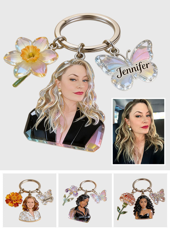 Personalized Black Woman Portrait Keychain - Custom Birth Flower & Name Charm Self Love Keepsake Gift