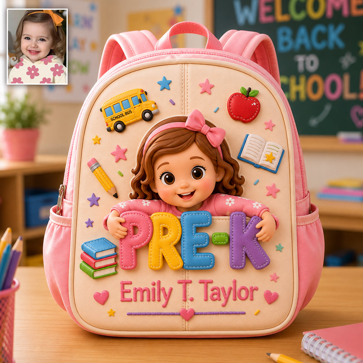 Cute Personalized Little Girl Pre-K Backpack, Custom Name Leather Patch Back to School Gift for Kids