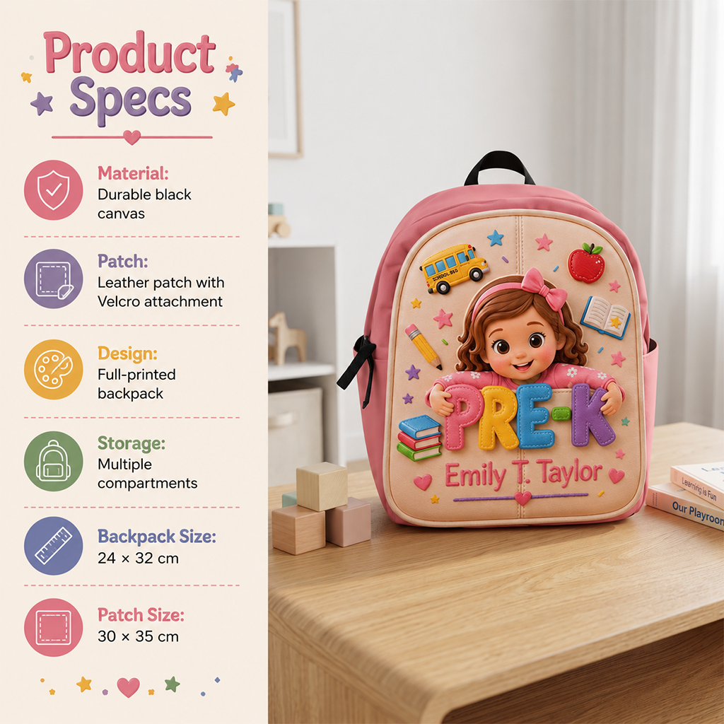 Personalized Little Pre-K Boy 3D Leather Patch Backpack | Cute Custom Back To School Gift For Toddler Black Kids