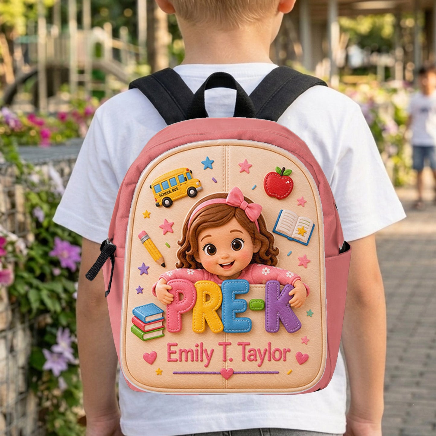 Cute Personalized Little Girl Pre-K Backpack, Custom Name Leather Patch Back to School Gift for Kids