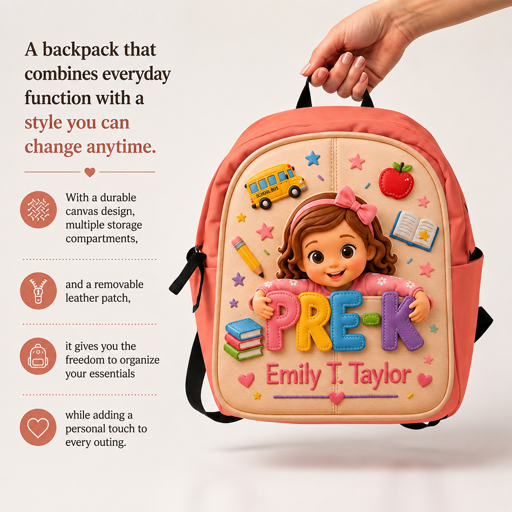 Personalized 3D Little Latina Girl Pre-K Backpack Custom Leather Patch Perfect Back To School Gift For Preschool Kids