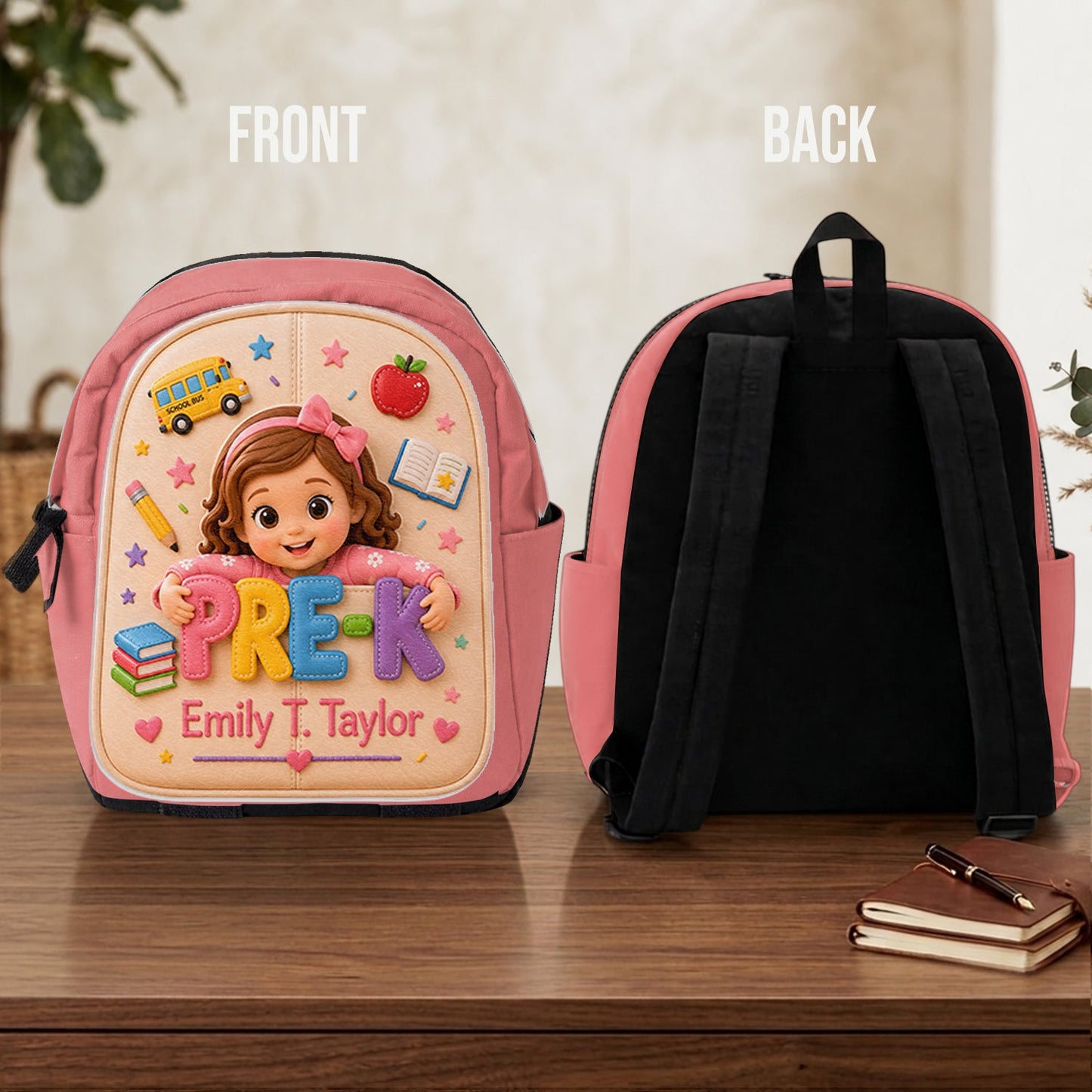 Cute Personalized Little Girl Pre-K Backpack, Custom Name Leather Patch Back to School Gift for Kids