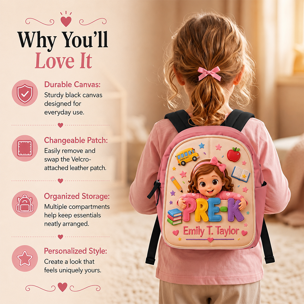 Personalized Little Pre-K Boy 3D Leather Patch Backpack | Cute Custom Back To School Gift For Toddler Black Kids
