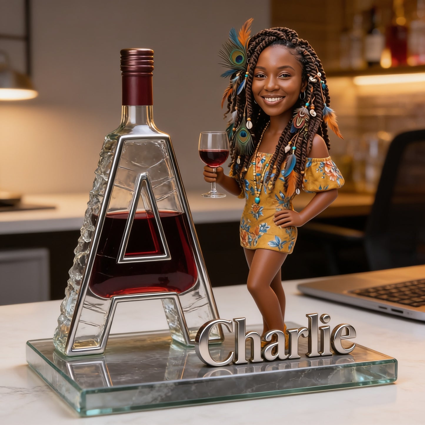 Personalized Custom Shaped Acrylic Plaque | Stylish Adult Wine Lover Black Woman with Wine Glass, Unique Bar Desk Decor Gift