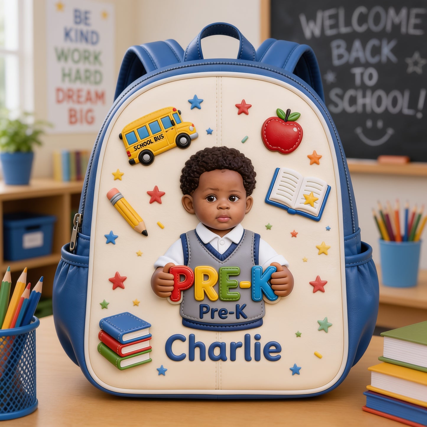 Personalized Little Pre-K Boy 3D Leather Patch Backpack | Cute Custom Back To School Gift For Toddler Black Kids