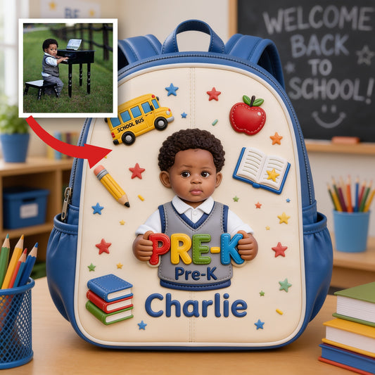 Personalized Little Pre-K Boy 3D Leather Patch Backpack | Cute Custom Back To School Gift For Toddler Black Kids