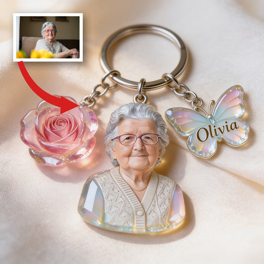 Personalized Grandma Portrait Keychain with Rose Butterfly Charms, Custom Sentimental Gift for Grandmother Keepsake
