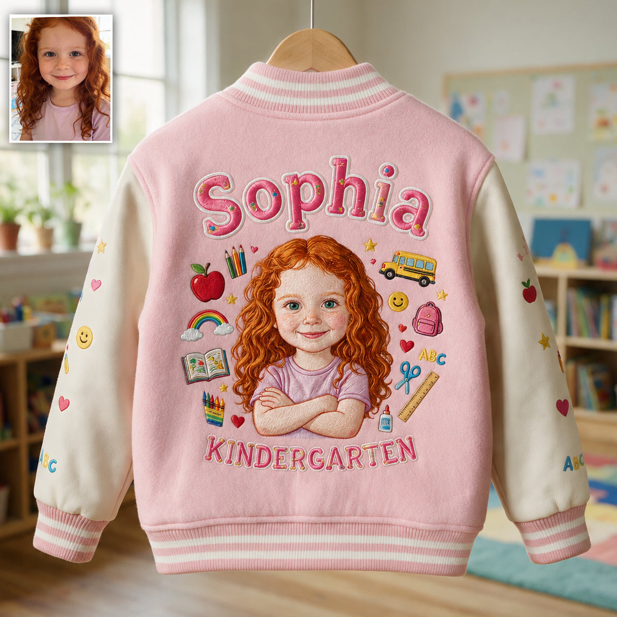 Personalized Little Girl Back To School Varsity Jacket Custom Photo Name Grade Kids Pre-K School Outfit Gift