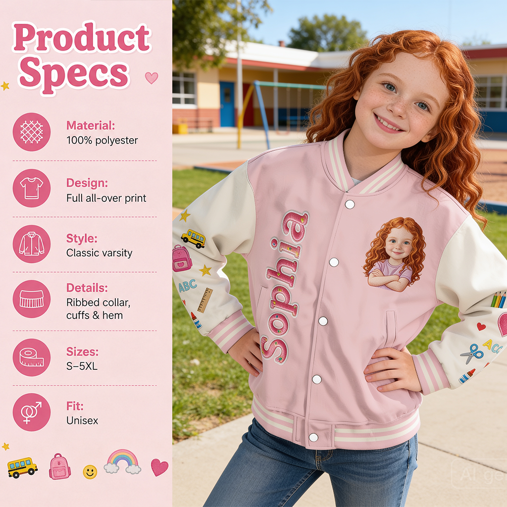 Personalized Little Girl Back To School Varsity Jacket Custom Photo Name Grade Kids Pre-K School Outfit Gift