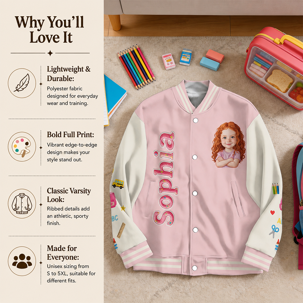 Custom Photo Latina Girl Pre-K Varsity Jacket Personalized Back To School Kid Gift Cute Pink Embroidered School Outerwear