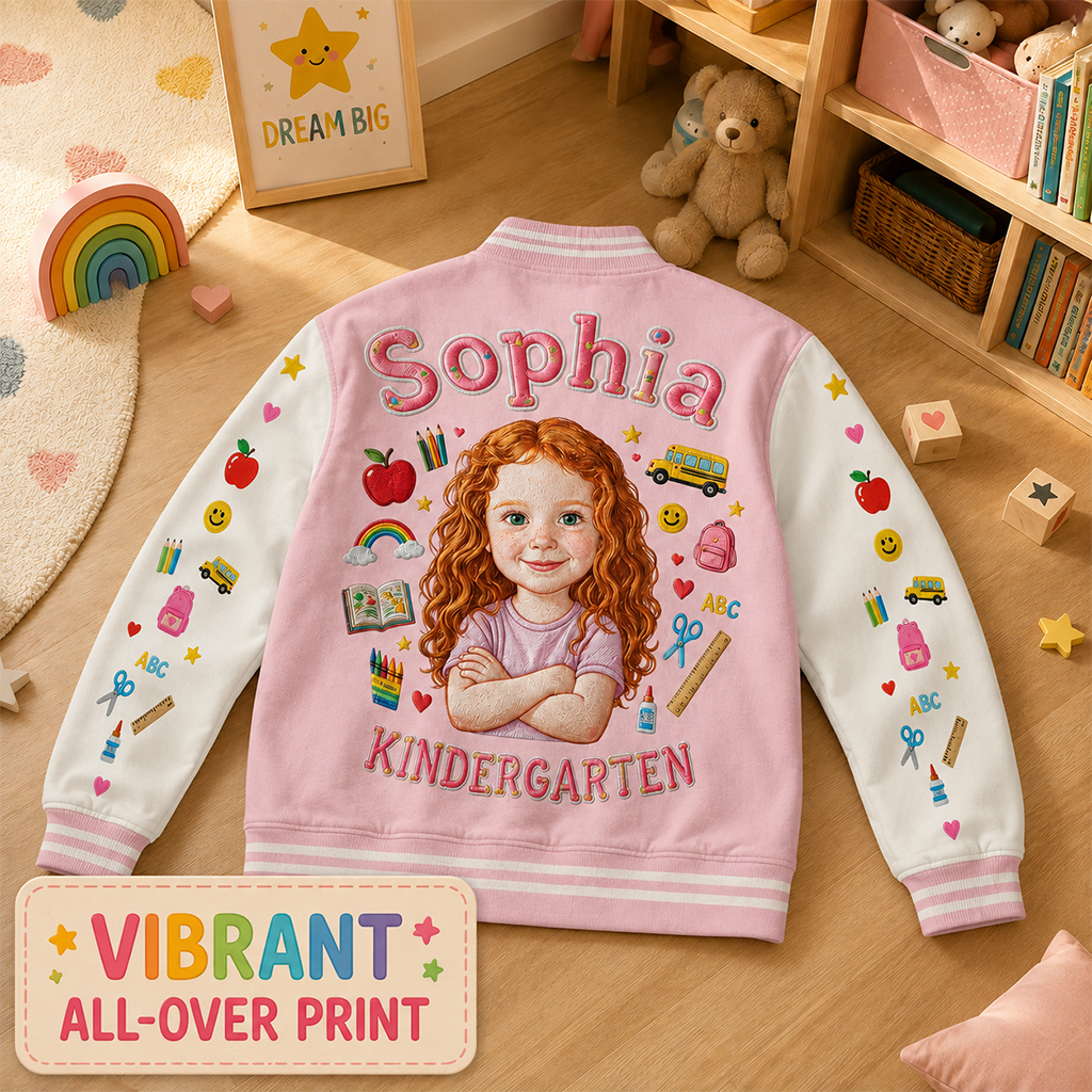 Personalized Little Girl Back To School Varsity Jacket Custom Photo Name Grade Kids Pre-K School Outfit Gift