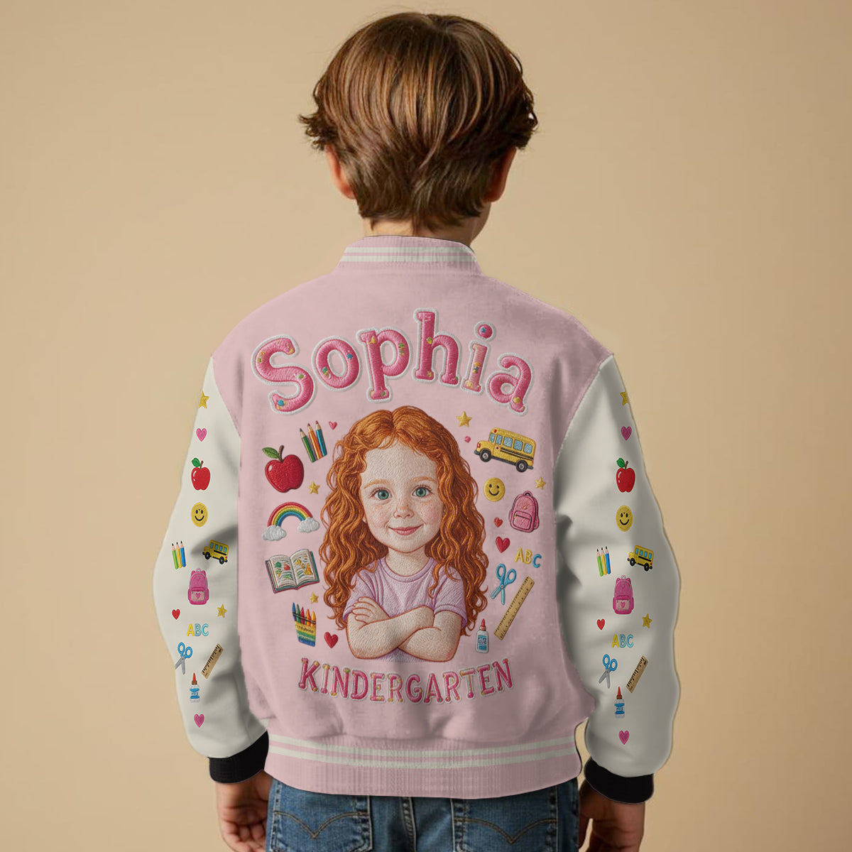 Personalized Little Girl Back To School Varsity Jacket Custom Photo Name Grade Kids Pre-K School Outfit Gift