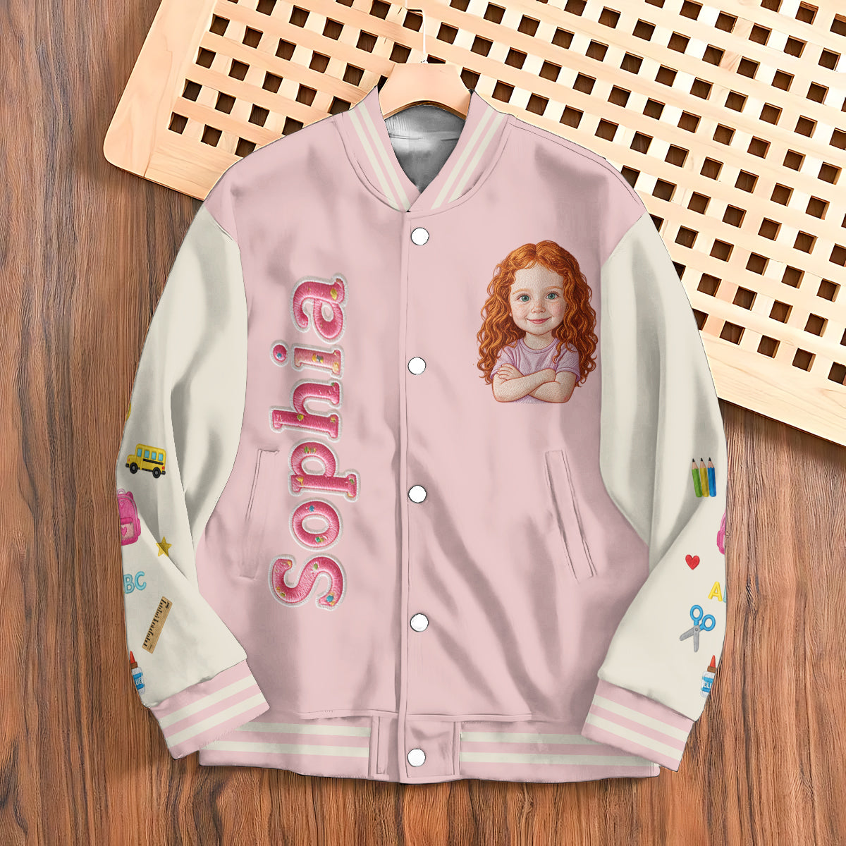 Custom Photo Latina Girl Pre-K Varsity Jacket Personalized Back To School Kid Gift Cute Pink Embroidered School Outerwear