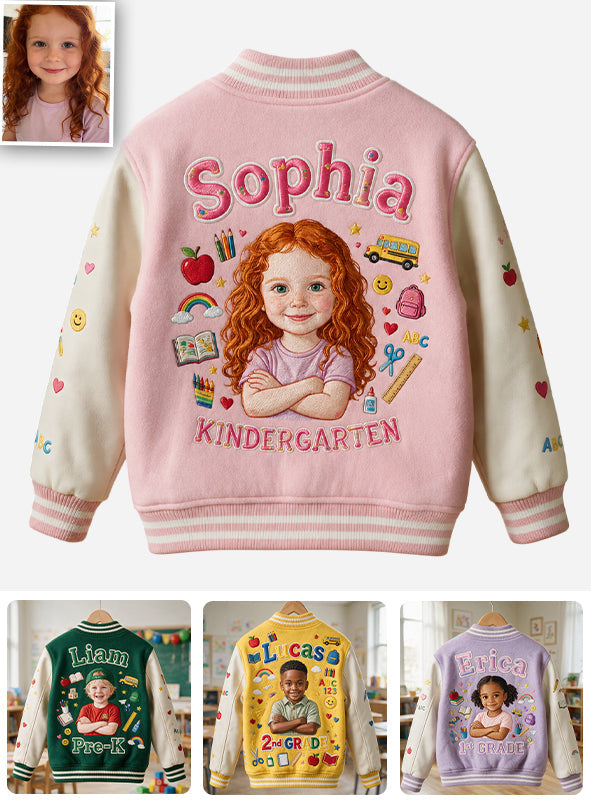 Personalized Pastel Pink Black Girl Back To School Varsity Jacket Custom Any Grade Kid Gift Outerwear