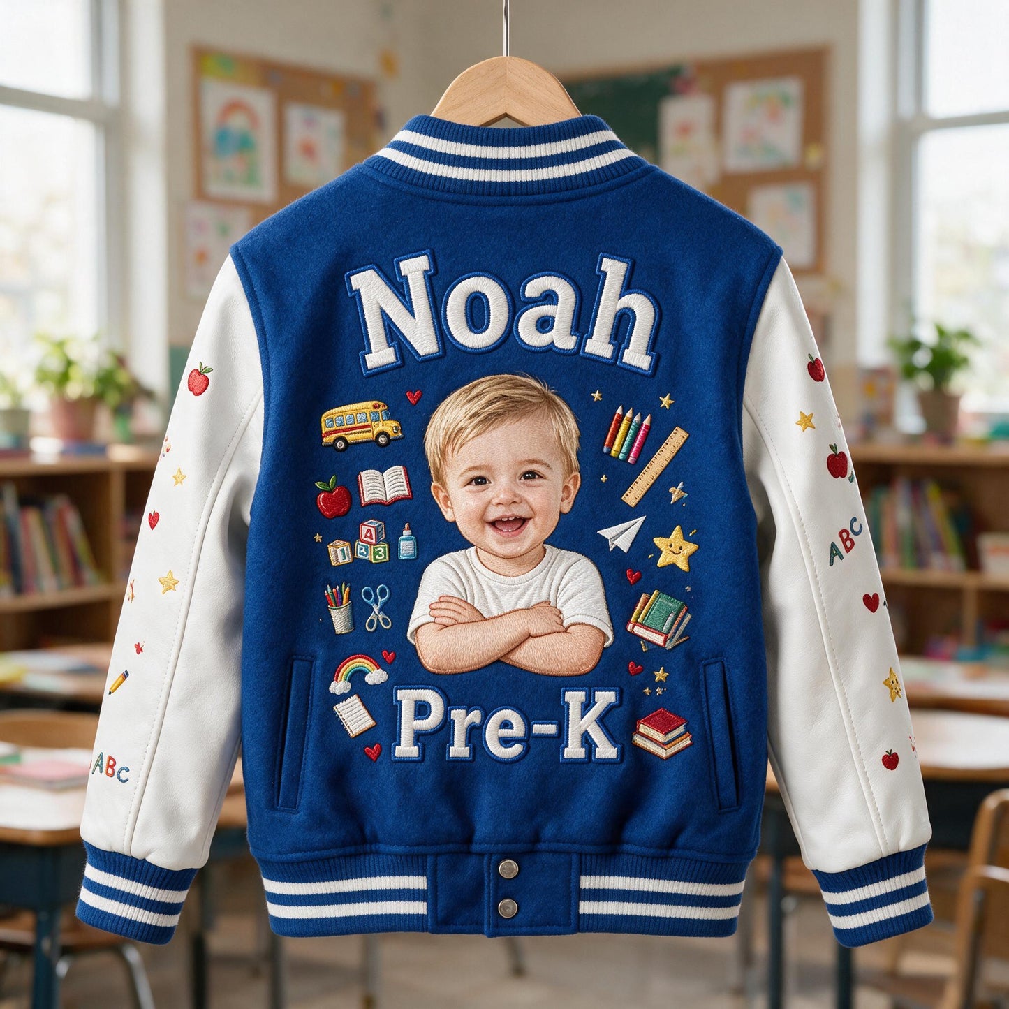 Personalized Little Boy Back To School Varsity Jacket Custom Photo, Name & Grade Embroidered Kids School Gift