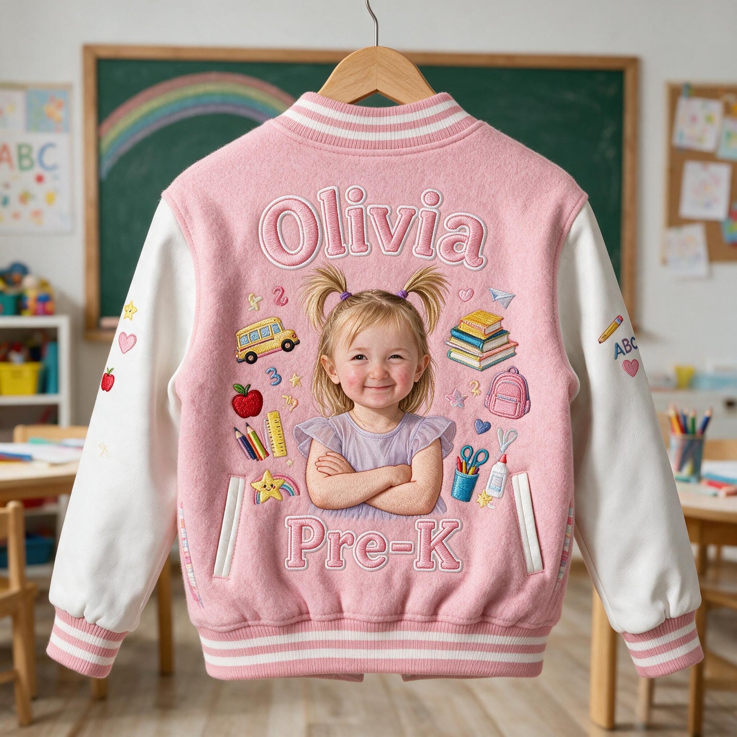 Personalized Little Girl Back To School Varsity Jacket Custom Photo Name Grade Kids Pre-K School Outfit Gift