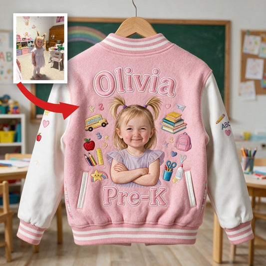 Personalisierte Varsity-Jacke für Mädchen zur Schule mit Foto, Name & Klasse