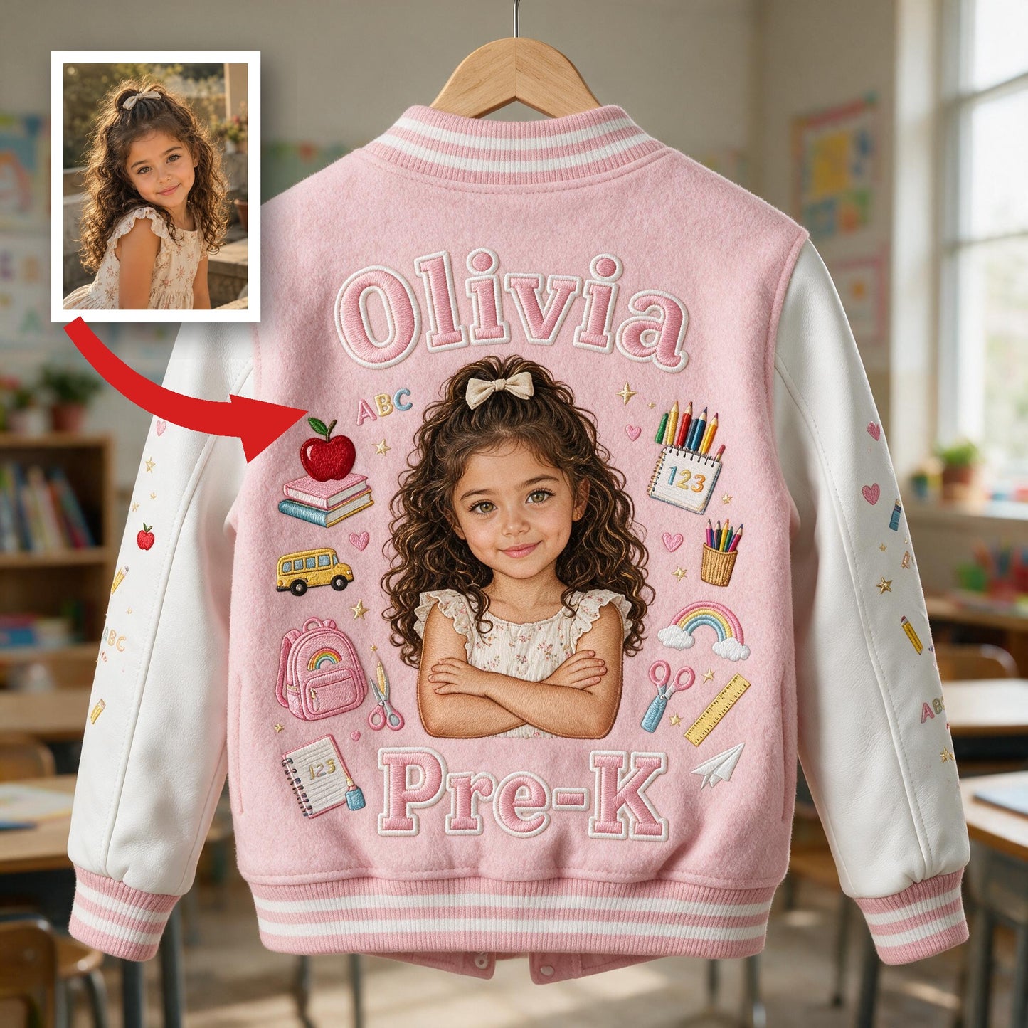 Custom Photo Latina Girl Pre-K Varsity Jacket Personalized Back To School Kid Gift Cute Pink Embroidered School Outerwear