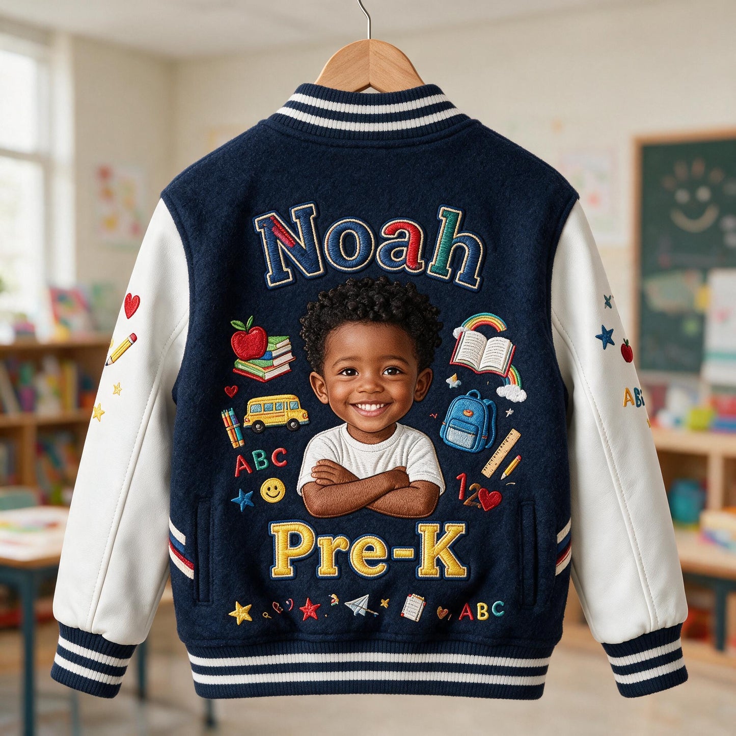 Personalized Little Black Boy Back To School Varsity Jacket Custom Name Grade Kids Casual School Outerwear Gift