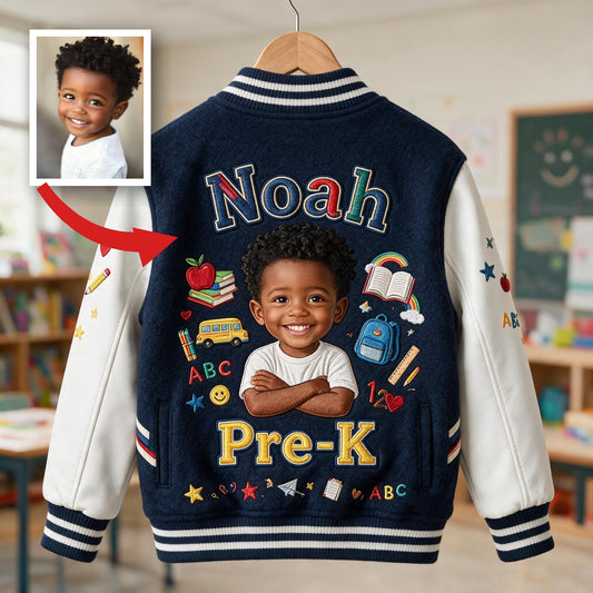 Personalized Little Black Boy Back To School Varsity Jacket Custom Name Grade Kids Casual School Outerwear Gift