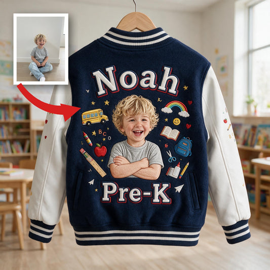 Personalized Little Boy Back To School Varsity Jacket Custom Photo Name Pre-K First Day Kid Gift Outfit