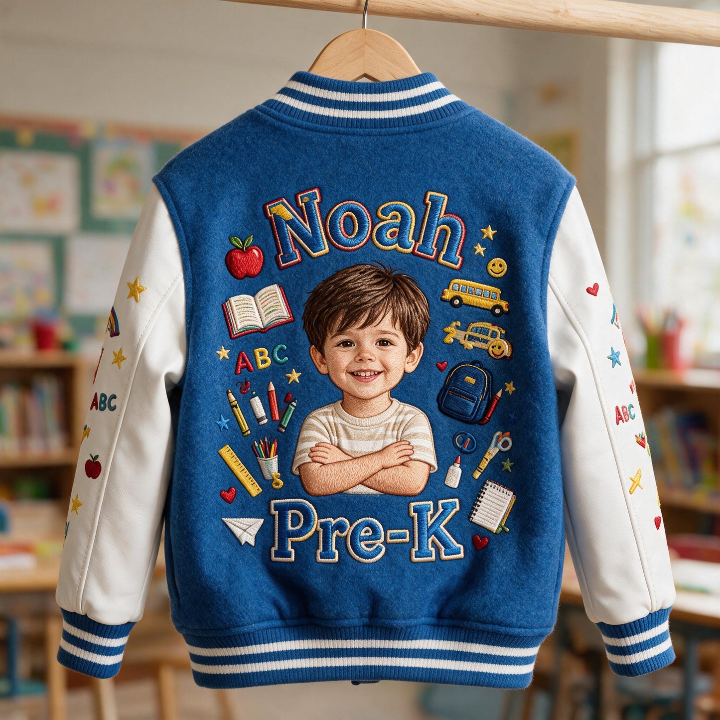 Personalized Little Latina Boy Back to School Varsity Jacket Custom Photo Name Grade First Day of School Kids Gift