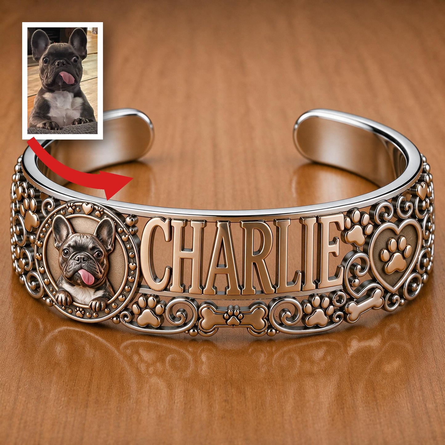 Personalisierbares Boston Terrier Armreif mit Hundename - Geschenk für Tierliebhaber