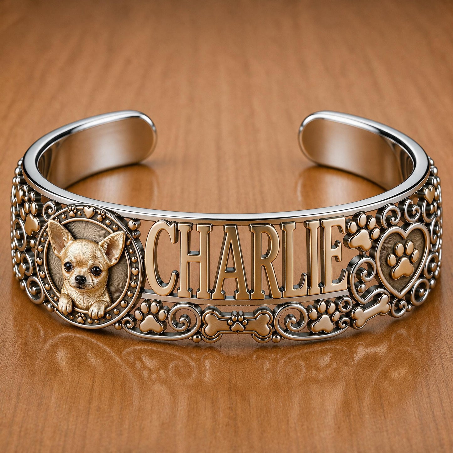Personalized Tan Short-Haired Chihuahua Cuff Bracelet Custom Name Jewelry Gift for Chihuahua Lovers