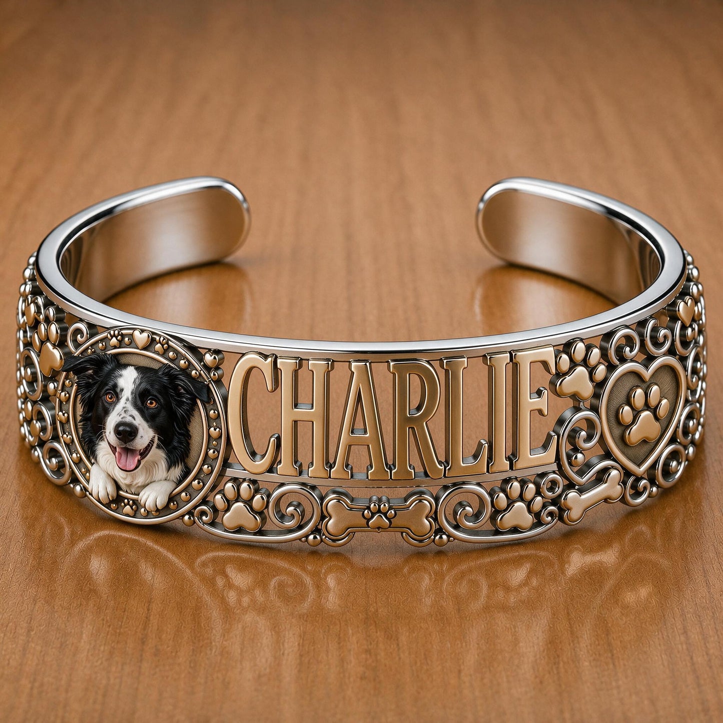 Personalized Black and White Border Collie Cuff Bracelet | Custom Dog Lover Gift for Border Collie Pet Owners