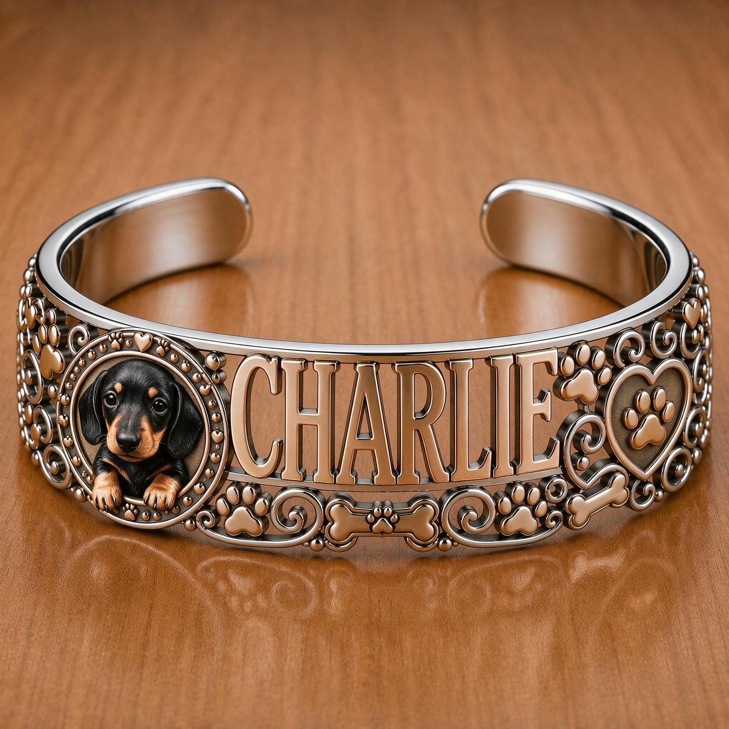 Personalisierbares Schwarz & Tan Dachshund Armreif mit Hundename Geschenk für Dachshund-Mama