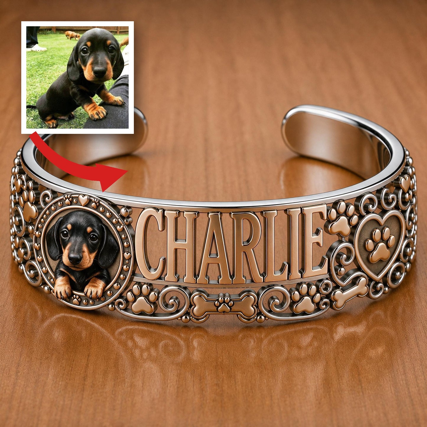 Personalisierbares Schwarz & Tan Dachshund Armreif mit Hundename Geschenk für Dachshund-Mama