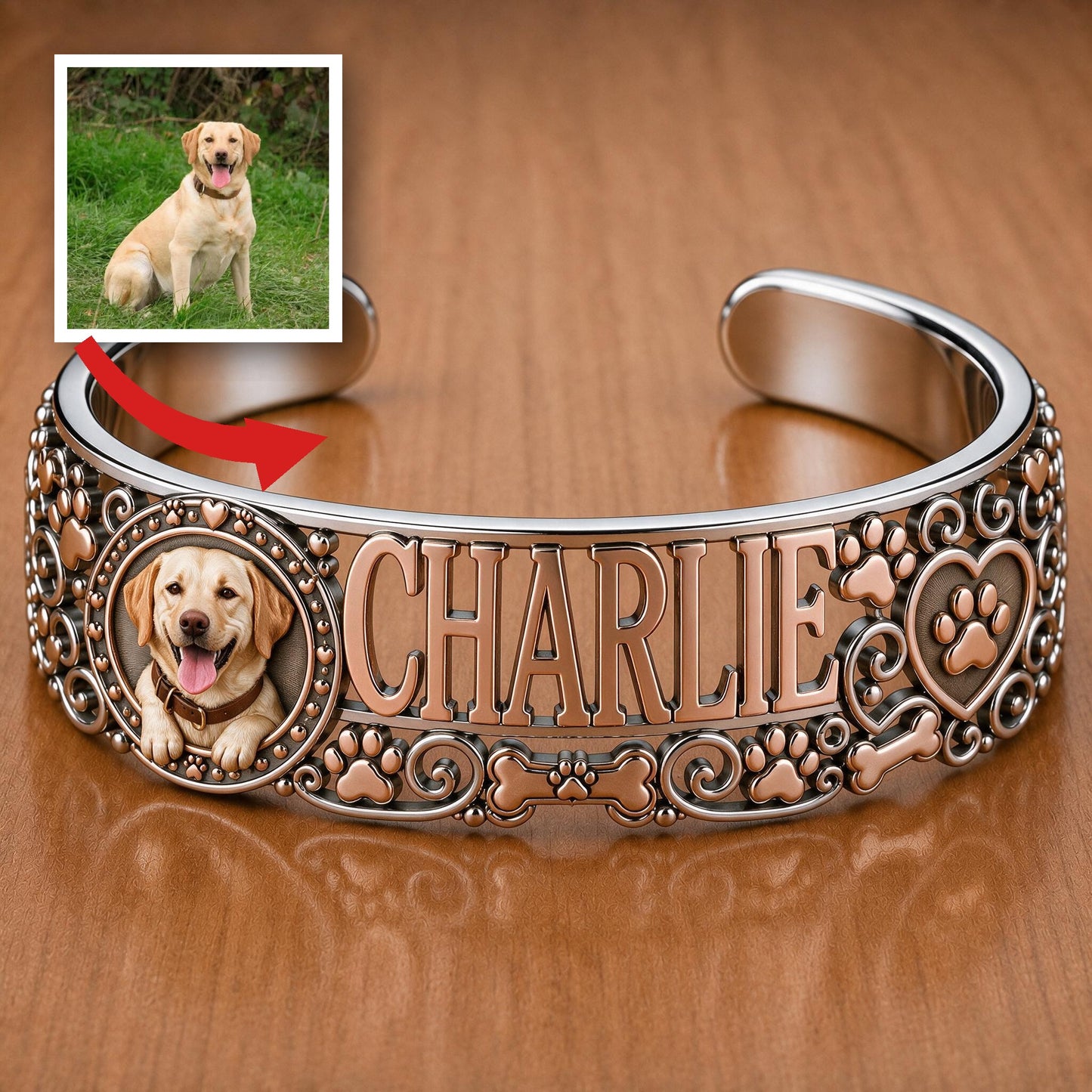 Personalized Yellow Labrador Retriever Cuff Bracelet Custom Dog Name Jewelry Gift for Labrador Pet Lovers