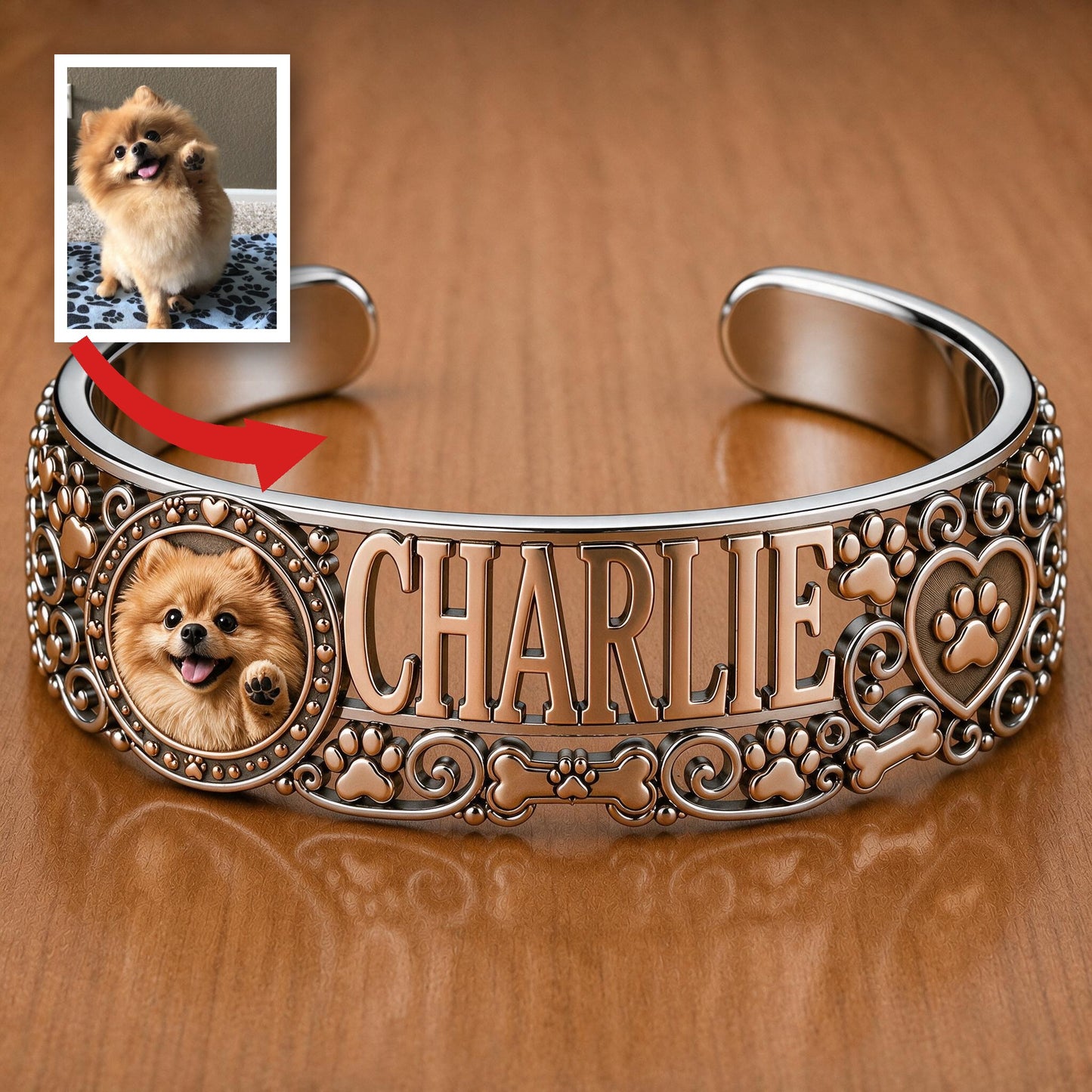 Personalisierbares Fluffy Pomeranian Armband mit Namen - Geschenk für Pomeranian-Besitzer