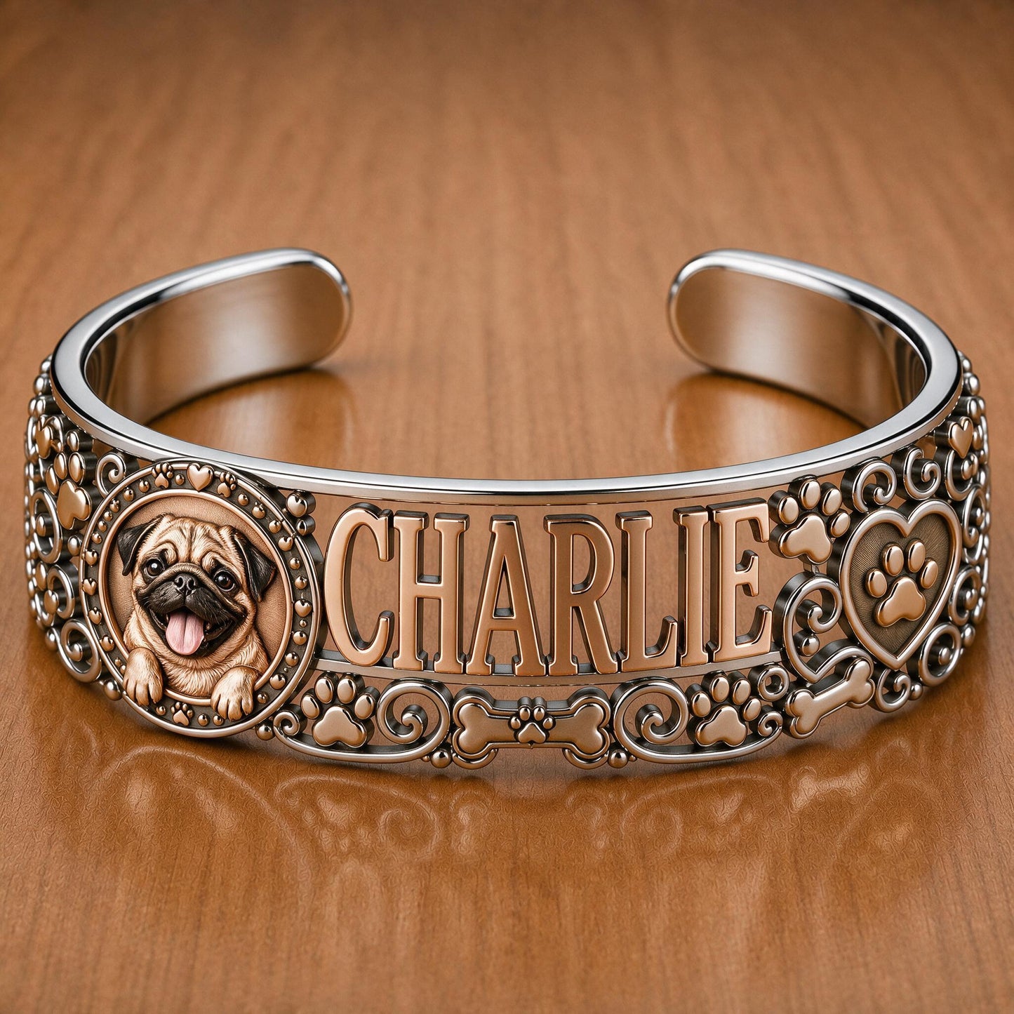 Personalisierbares süßes lächelndes Reh Pug Armreif mit Namen Geschenk für Pug-Liebhaber