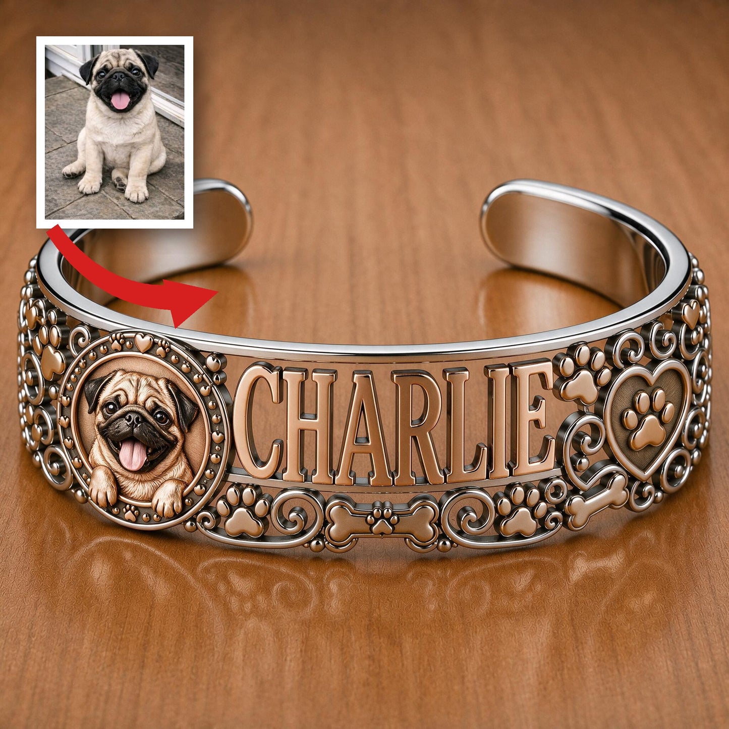 Personalisierbares süßes lächelndes Reh Pug Armreif mit Namen Geschenk für Pug-Liebhaber