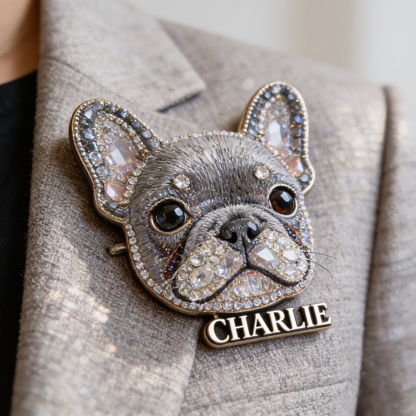 Personalisierte Funkelnde Französische Bulldoggen-Anstecknadel, Geschenk mit Namen für Französische Hundeliebhaber