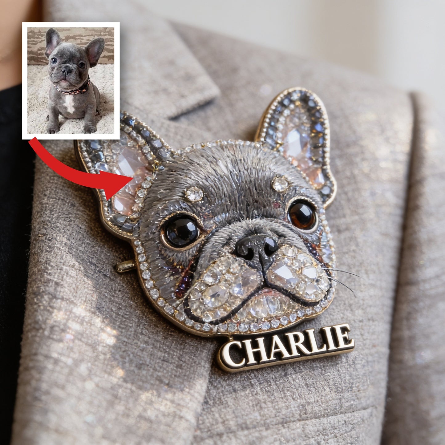 Personalisierte Funkelnde Französische Bulldoggen-Anstecknadel, Geschenk mit Namen für Französische Hundeliebhaber