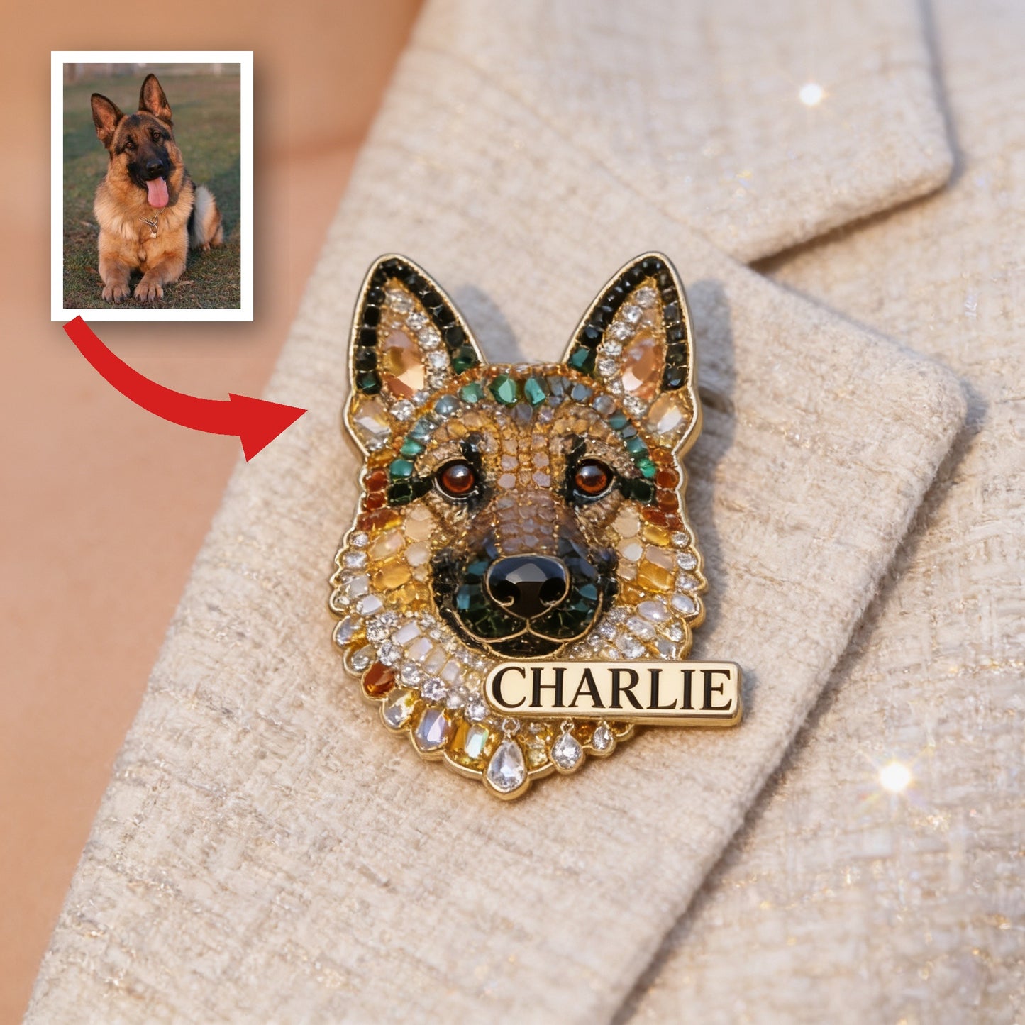 Personalized Sparkly German Shepherd Acrylic Pin, Unique Custom Gift For Dog Lovers And Pet Owners