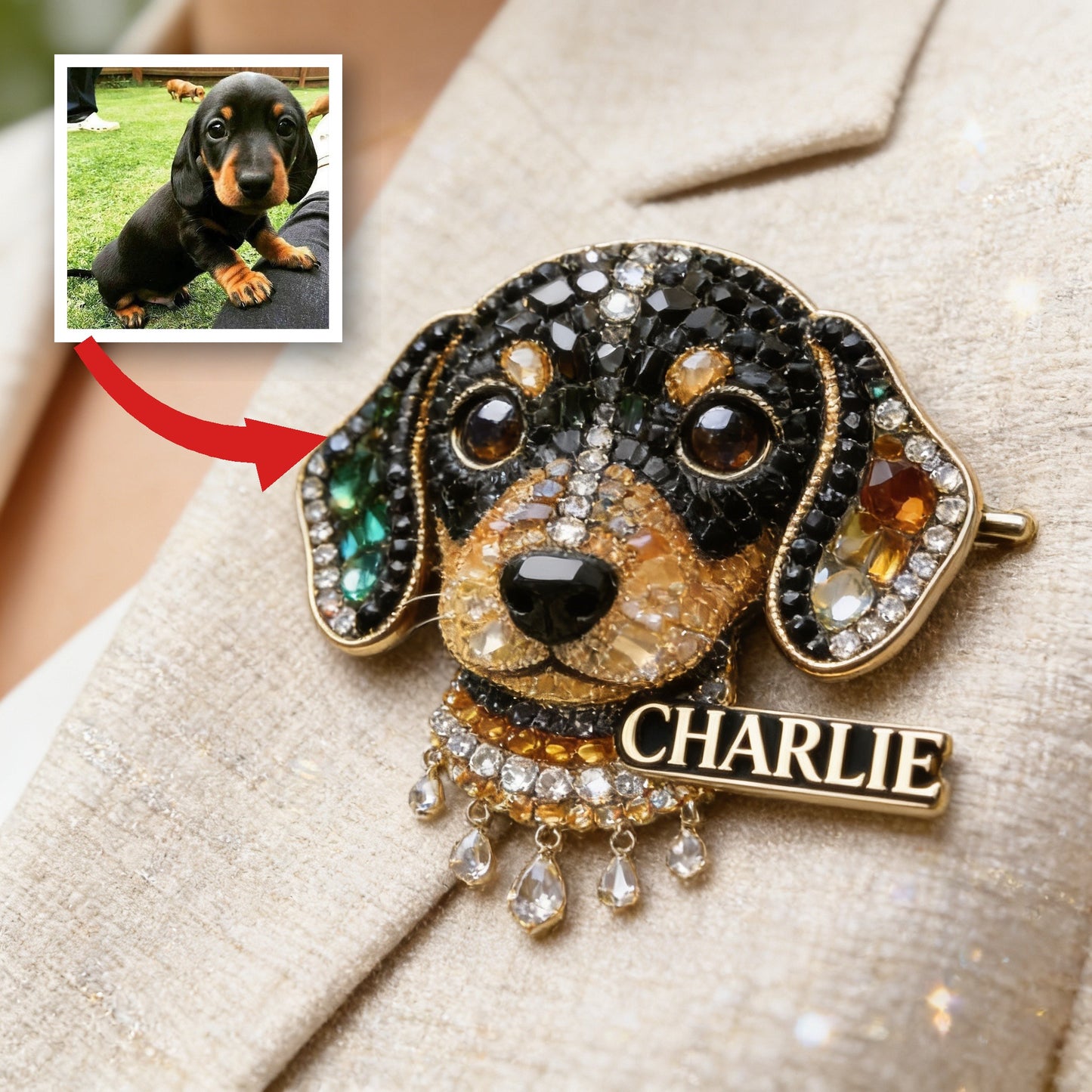 Personalized Rhinestone Short Legged Dachshund Pin, Unique Custom Gift for Dachshund Lovers Jacket Backpack Accessory