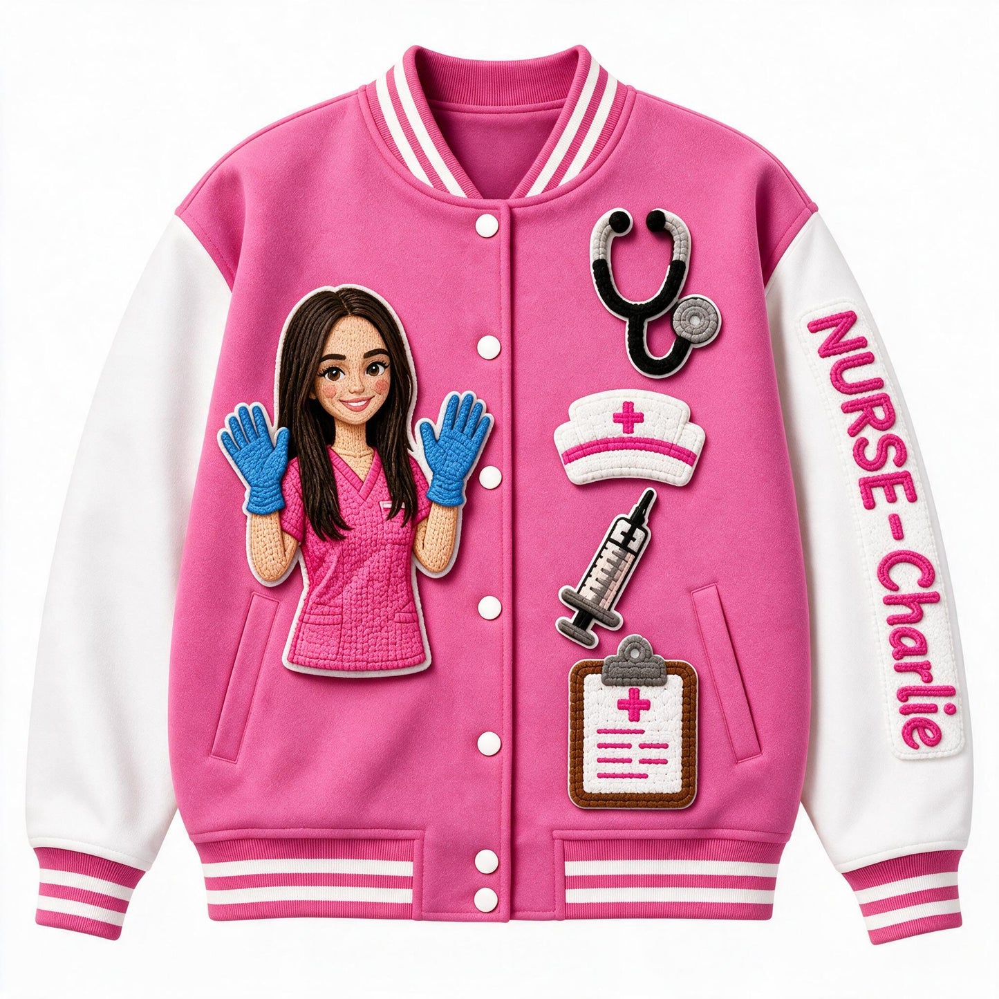 Personalized 3D Patch Nurse Varsity Jacket Custom Nurse Life Appreciation Gift for Healthcare Workers and Nursing Students