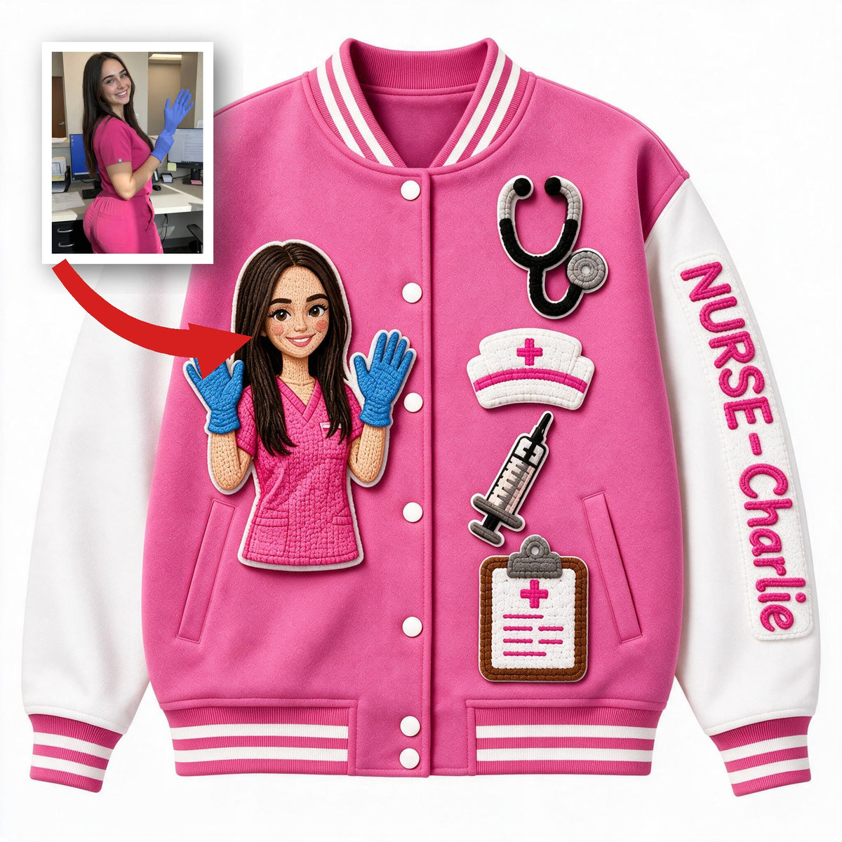Personalized 3D Patch Nurse Varsity Jacket Custom Nurse Life Appreciation Gift for Healthcare Workers and Nursing Students