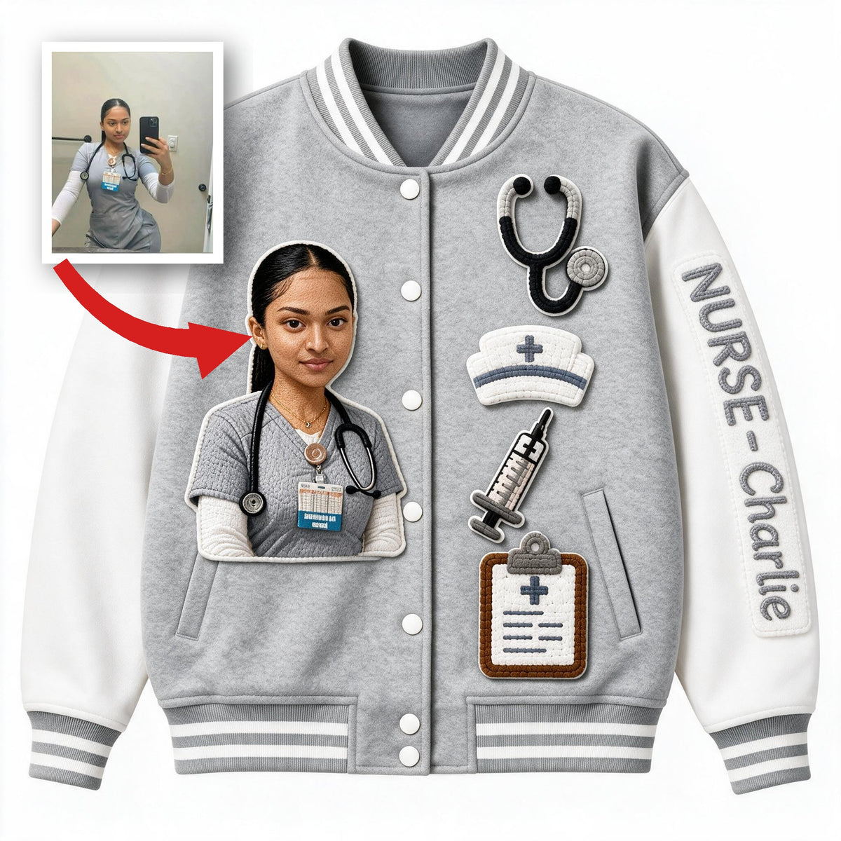 Personalisierte Foto Krankenschwester Varsity Jacke - Geschenk für Pflegekräfte
