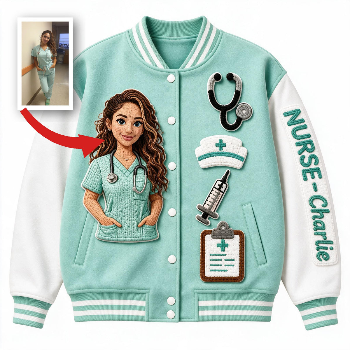 Personalized Latina Nurse Life Varsity Jacket Custom Embroidered RN Gift for Nursing Staff Healthcare Workers