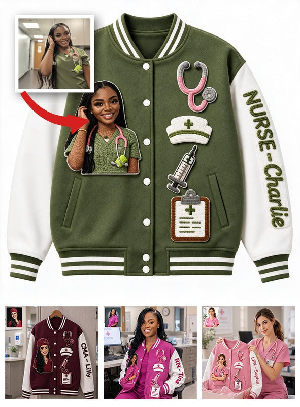 Personalized Black Nurse Life Varsity Jacket Custom Embroidered Appreciation Gift for RN Healthcare Nursing Staff