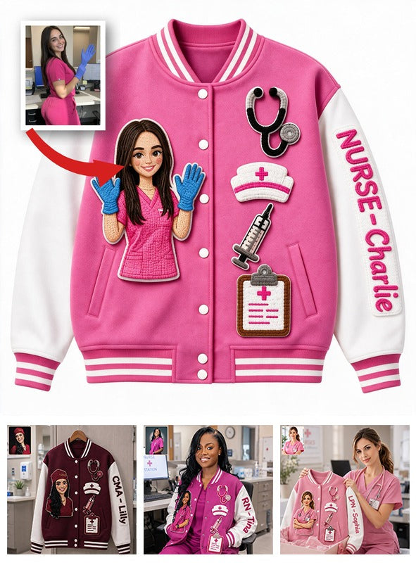 Personalized 3D Patch Nurse Varsity Jacket Custom Nurse Life Appreciation Gift for Healthcare Workers and Nursing Students