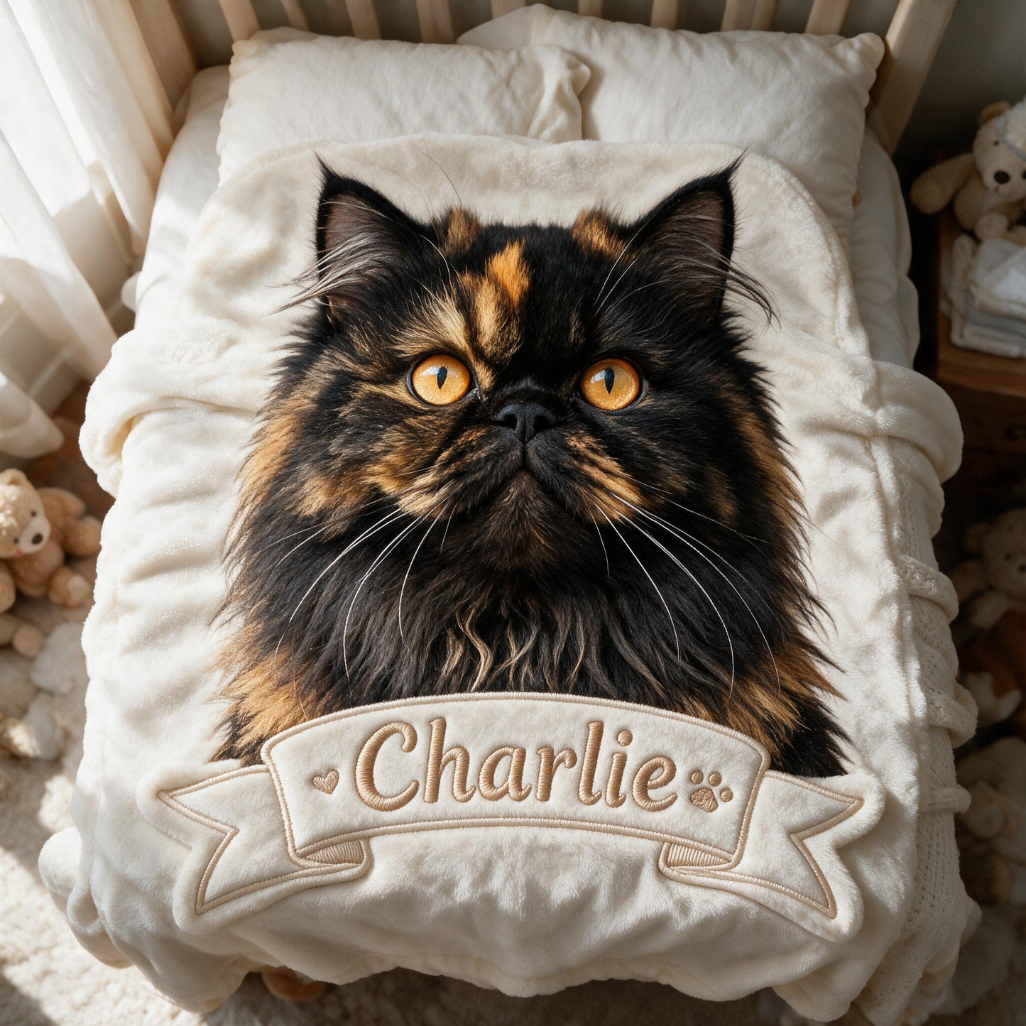 Personalized Fluffy Long-Haired Tortoiseshell Persian Cat Shaped Fleece Blanket, Cozy Custom Gift for Cat Lovers