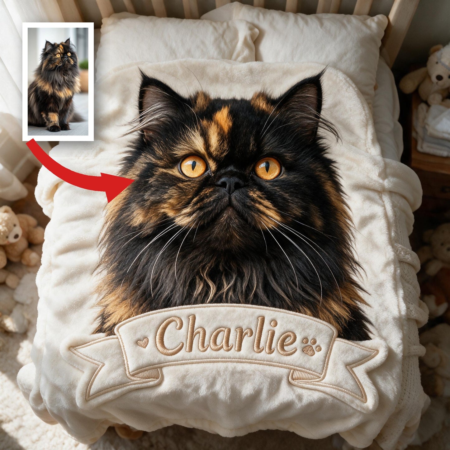 Personalized Fluffy Long-Haired Tortoiseshell Persian Cat Shaped Fleece Blanket, Cozy Custom Gift for Cat Lovers