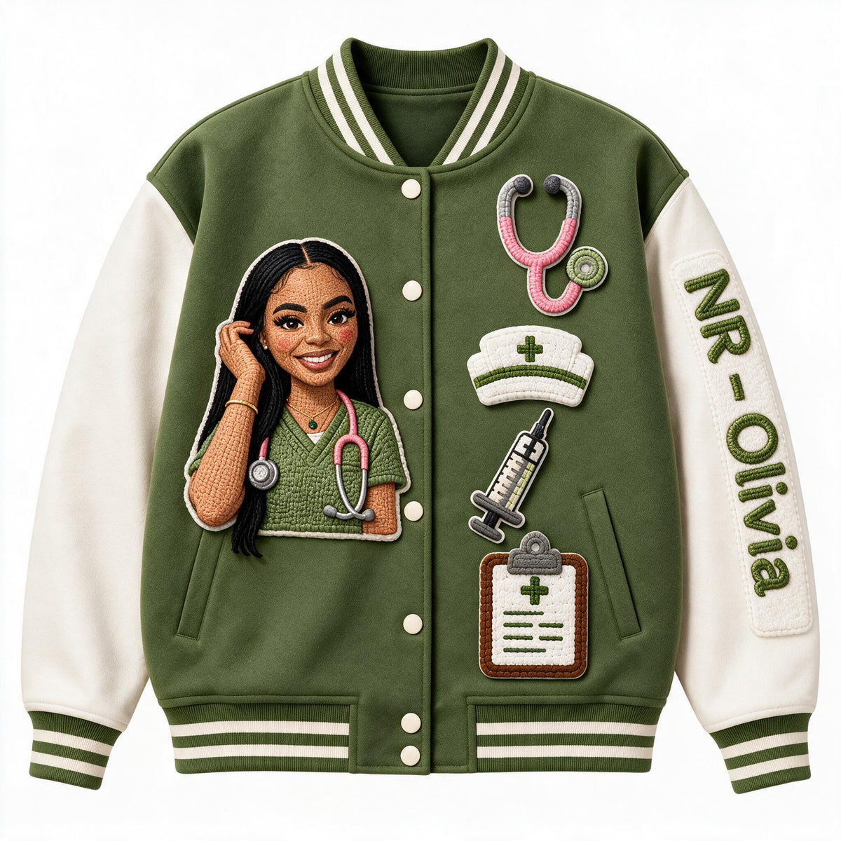 Personalized Black Nurse Life Varsity Jacket - Custom Embroidered Healthcare Appreciation Gift for NR Nursing Staff