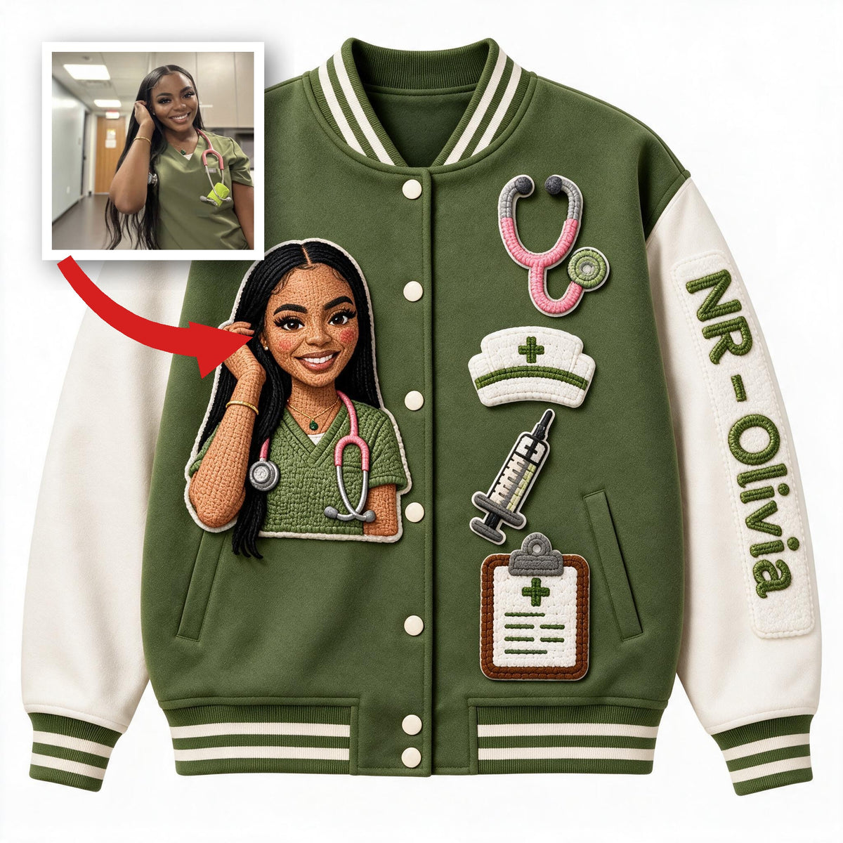 Personalized Black Nurse Life Varsity Jacket - Custom Embroidered Healthcare Appreciation Gift for NR Nursing Staff
